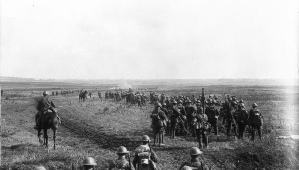 207_Canadians moving forward into attack on Cambrai. Advance East of Arras. October, 1918